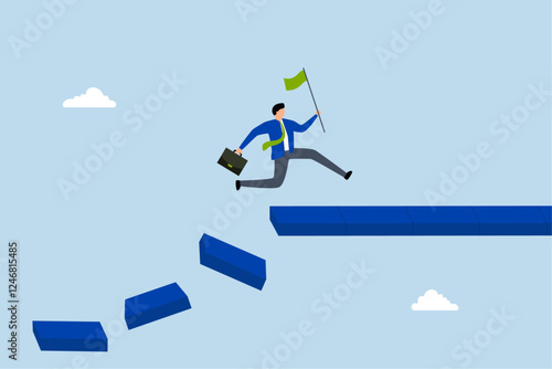 Survive and success in crisis, businessman jumping on collapse bridge to reach target