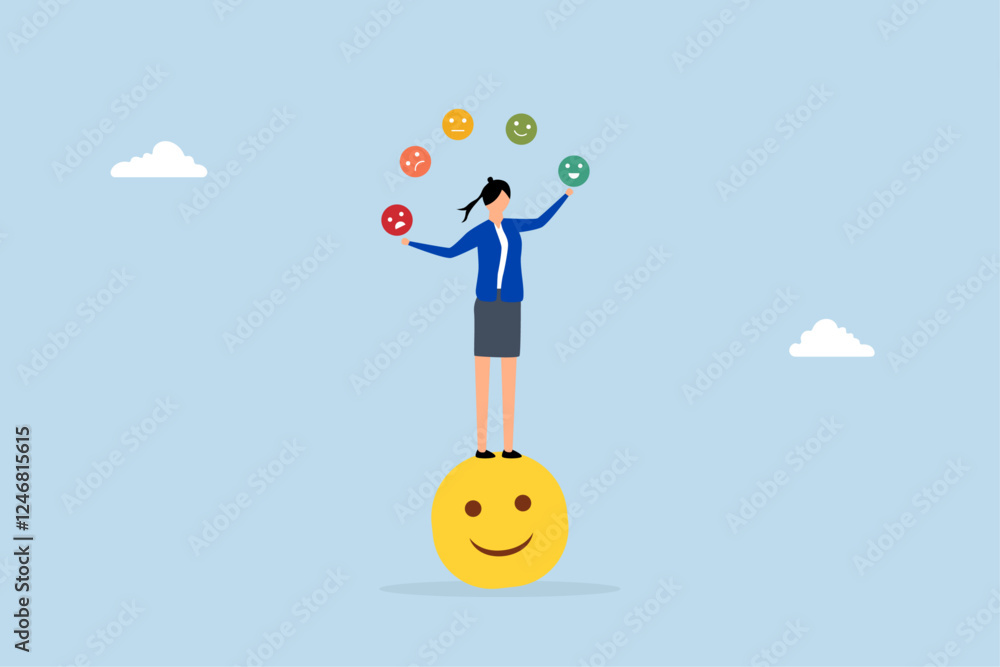 Emotional intelligence, Joyful woman maintains beaming look while balancing emotional expressions in juggling act Emotional intelligence, Joyful woman maintains beaming look while balancing emotional expressions in juggling act