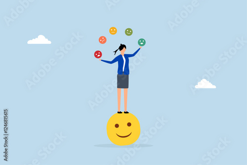 Emotional intelligence, Joyful woman maintains beaming look while balancing emotional expressions in juggling act