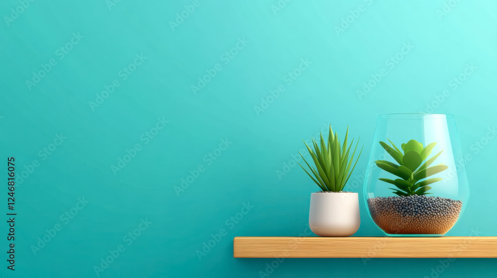 A modern shelf displays a small potted plant and a larger glass terrarium with lush greenery against a vibrant teal background. A modern shelf displays a small potted plant and a larger glass terrarium with lush greenery against a vibrant teal background.