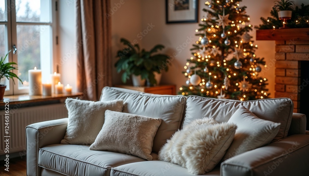 Cozy living room adorned with Christmas tree and candlelight, featuring a plush sofa for a warm festive atmosphere Cozy living room adorned with Christmas tree and candlelight, featuring a plush sofa for a warm festive atmosphere
