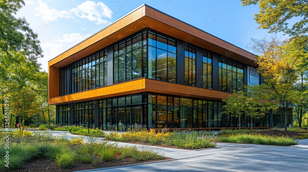Modern office building autumn landscape Modern office building autumn landscape