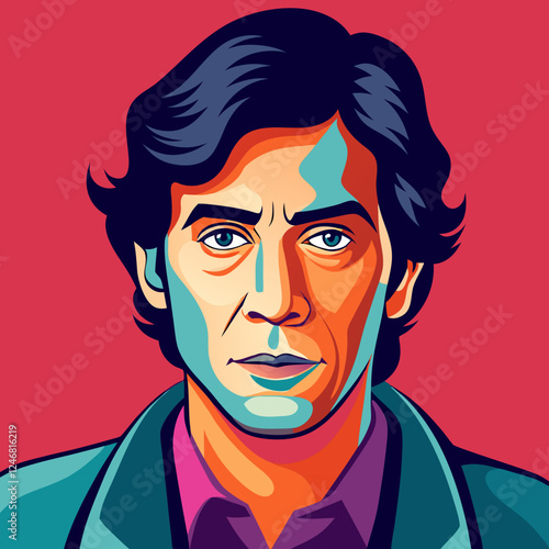 Actor portrait expressing intensity against a colorful background