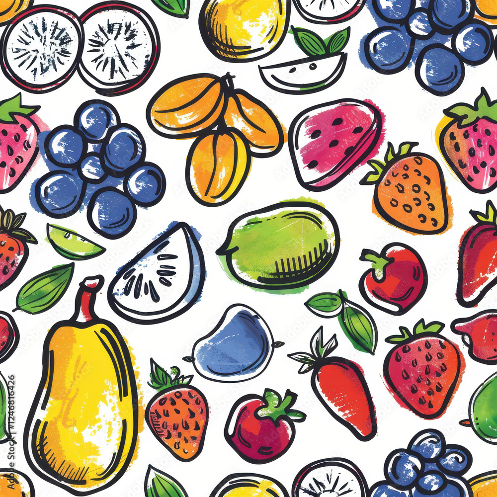 Colorful hand drawn doodle style mixed fruit pattern featuring various fruits like strawberries, grapes, and bananas, creating vibrant and Colorful hand drawn doodle style mixed fruit pattern featuring various fruits like strawberries, grapes, and bananas, creating vibrant and