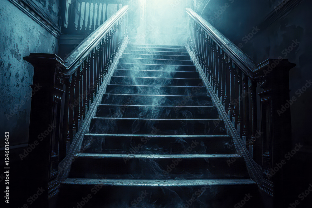 Enigmatic Ascendancy: A Dimly Lit Staircase Evoking Architectural Intrigue and Atmospheric Mystery as it Leads to the Unknown Above Enigmatic Ascendancy: A Dimly Lit Staircase Evoking Architectural Intrigue and Atmospheric Mystery as it Leads to the Unknown Above
