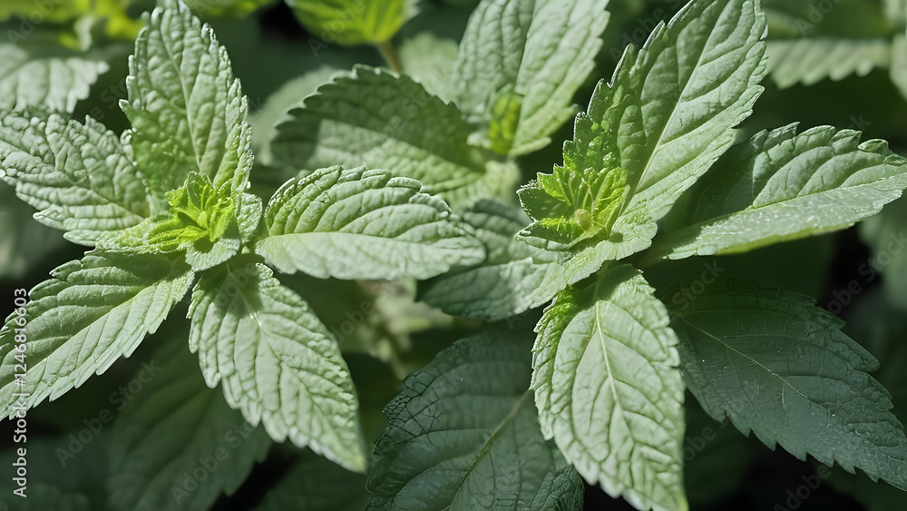 Close-Up of Lemon Balm Leaves with Serrated Edges and Texture Close-Up of Lemon Balm Leaves with Serrated Edges and Texture