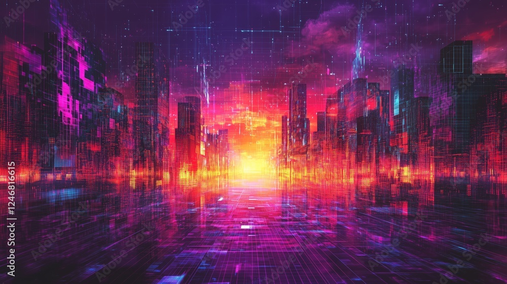 Fototapeta premium Futuristic Cityscape with Neon Colors and Digital Effects
