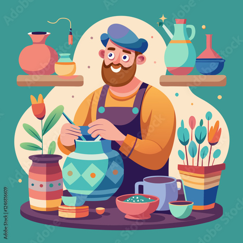 Ceramic Artist happily crafting pottery in a colorful studio