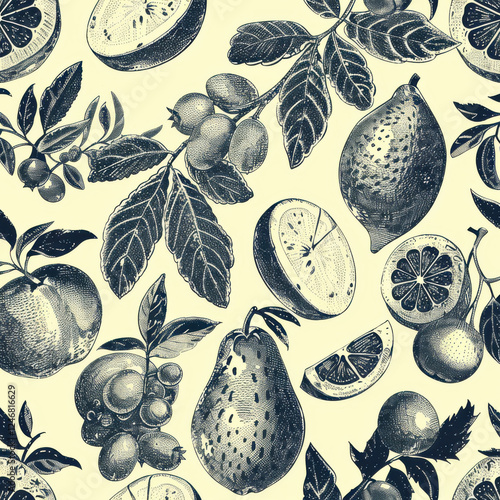 Hand drawn exotic fruit pattern with fine ink details, showcasing various fruits and leaves in vintage style photo