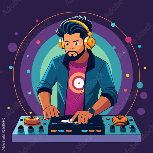 DJ adjusting mixer in colorful soundscape