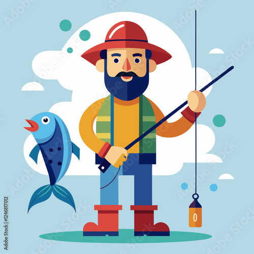 Fisherman holding fish with fishing rod against light blue background