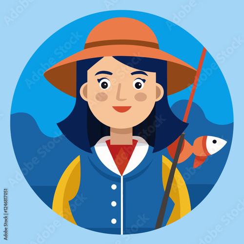 Fisherwoman smiling with a fishing rod against a blue background