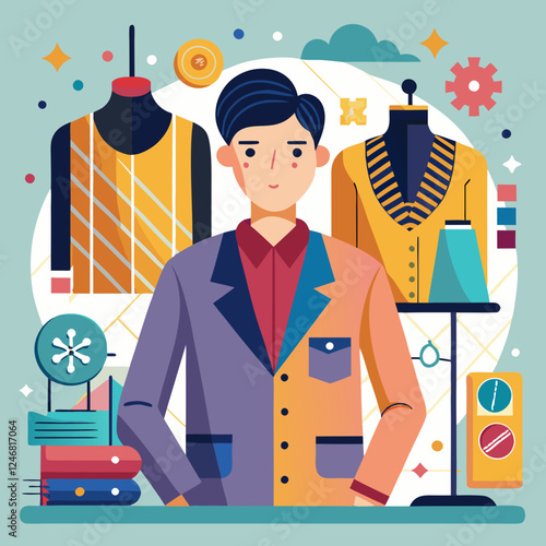 Fashion designer creating garments in a colorful studio