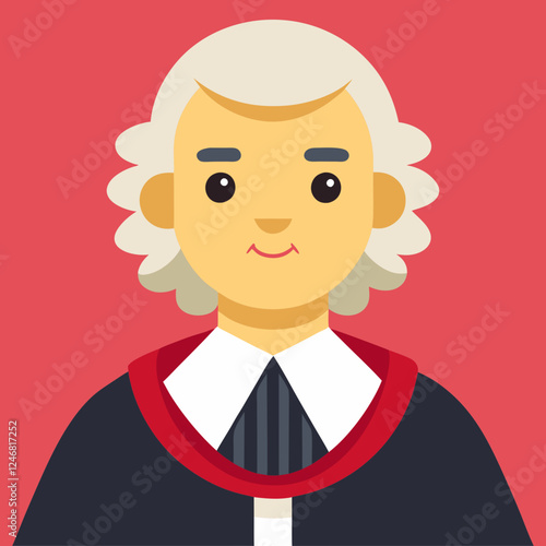 Judge character smiling in front of a red background