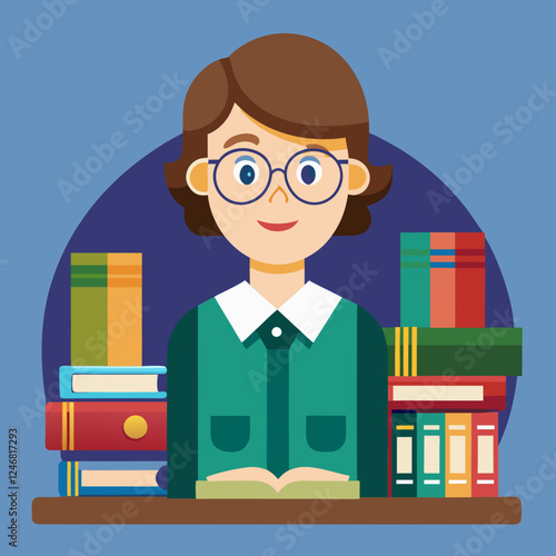 Librarian reading with books in a colorful library background