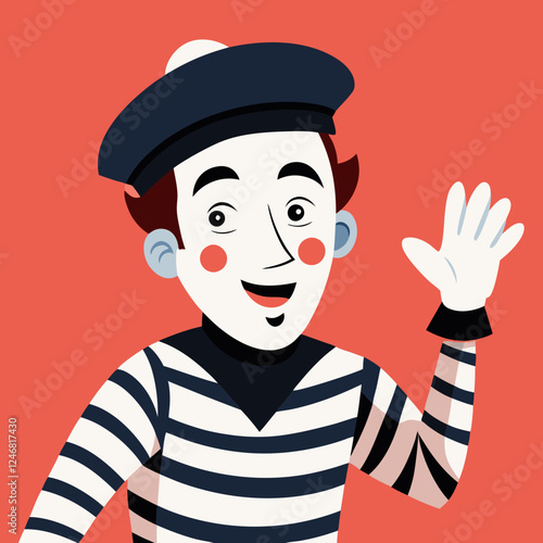 Mime artist waving cheerfully against a vibrant orange background