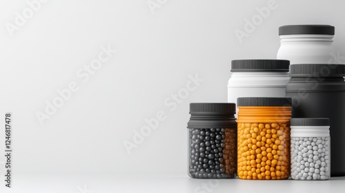 Assorted Modern Containers with Colorful Beads Displayed on a Minimalist Background for Creative Projects photo