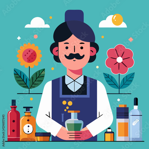 Perfumer mixing fragrances with flowers in a colorful background