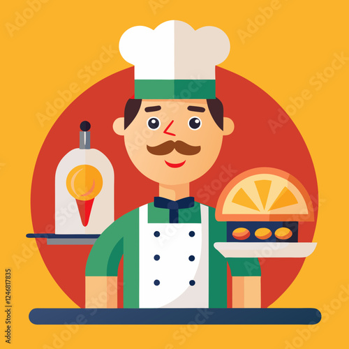 Pizza Maker smiling while holding a plate of pizza against a yellow background