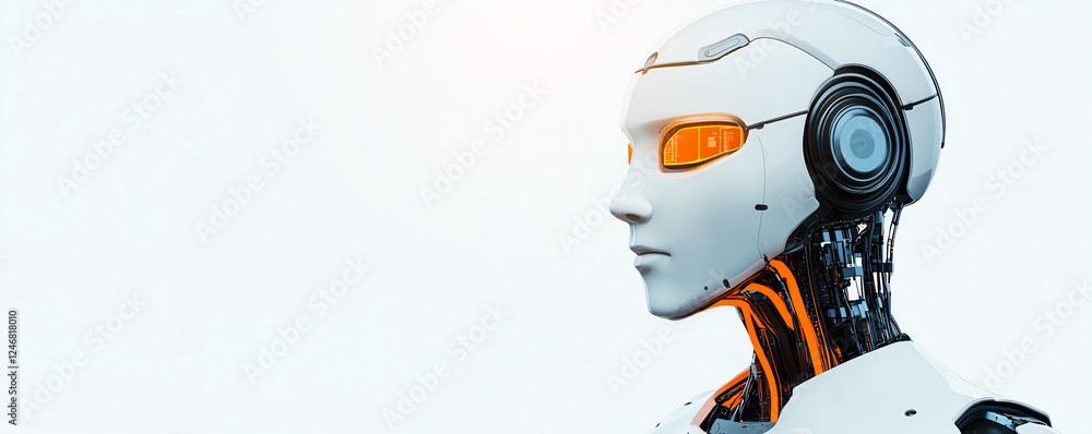 Fototapeta premium Futuristic humanoid robot with glowing orange details on white background, symbolizing advanced technology.