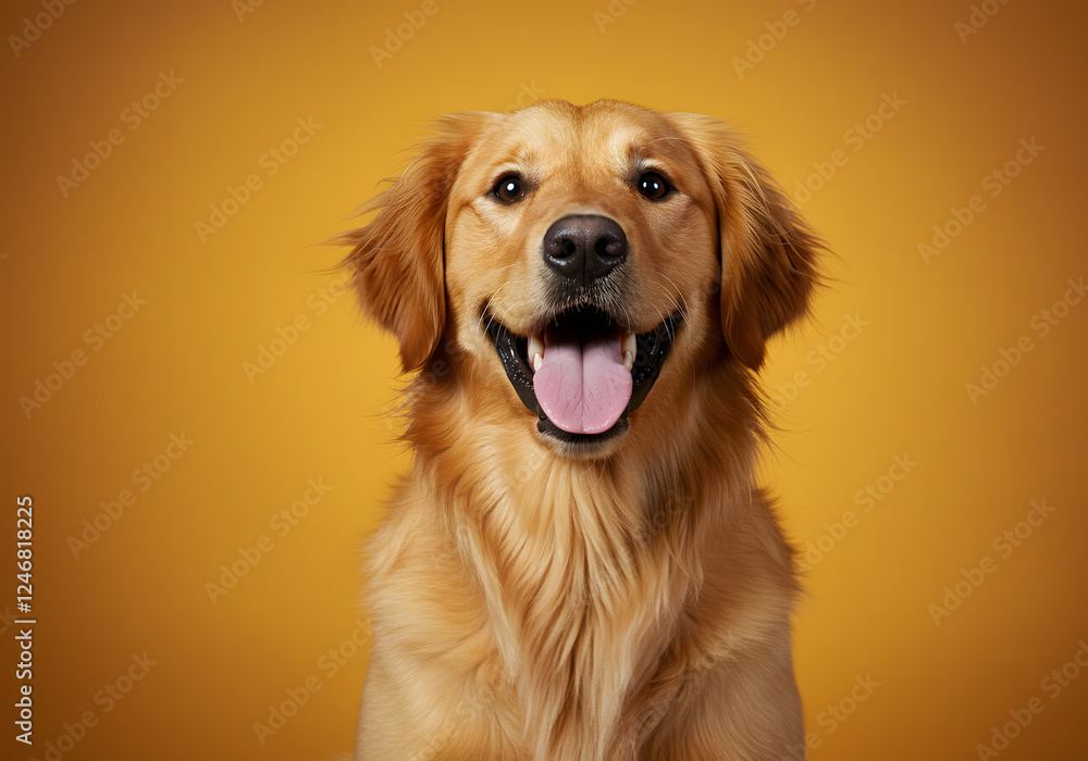 Golden retriever with a big, happy grin and tongue out, sitting against a warm yellow background Golden retriever with a big, happy grin and tongue out, sitting against a warm yellow background