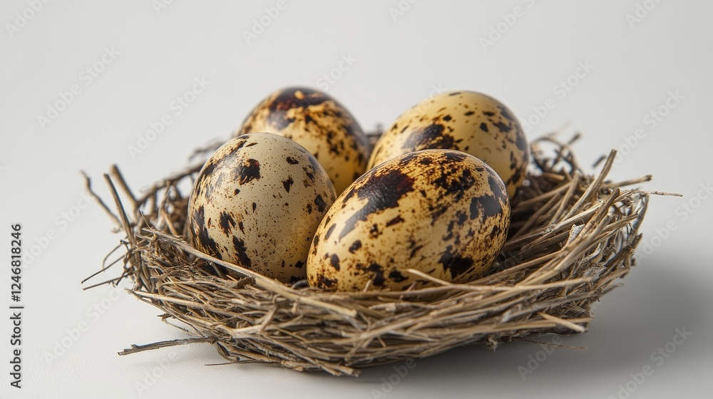 Obraz premium Three eggs in real bird nest isolated on white