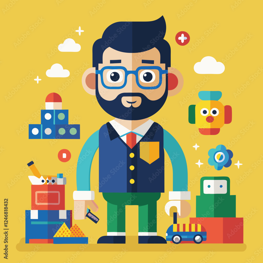 Toy Designer smiling while holding toys against a yellow background Toy Designer smiling while holding toys against a yellow background
