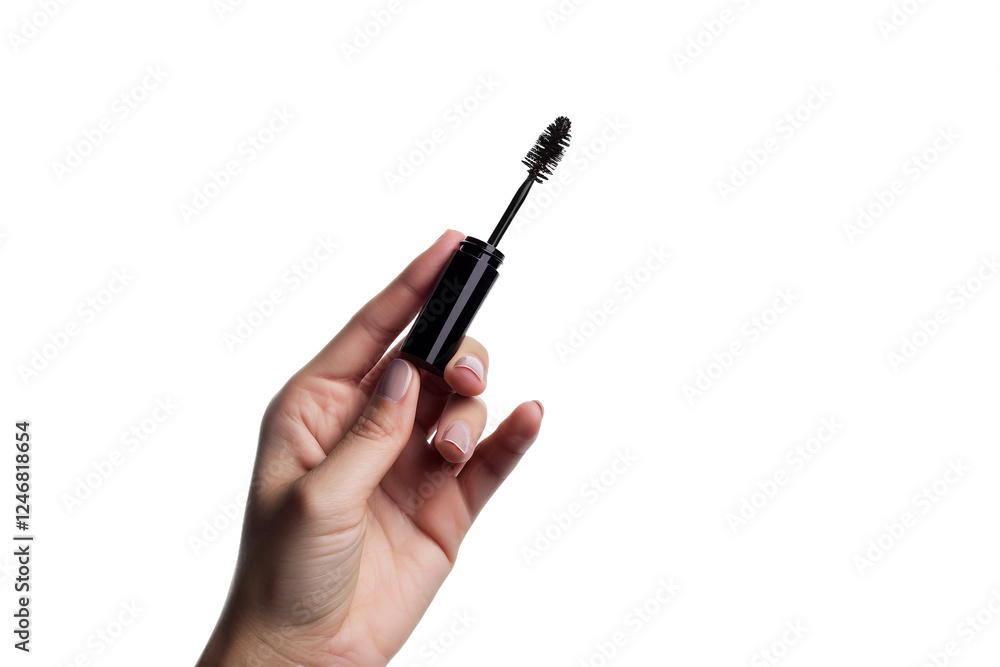 Elegant hand displaying a mascara tube ready for use isolated on transparent background Elegant hand displaying a mascara tube ready for use isolated on transparent background