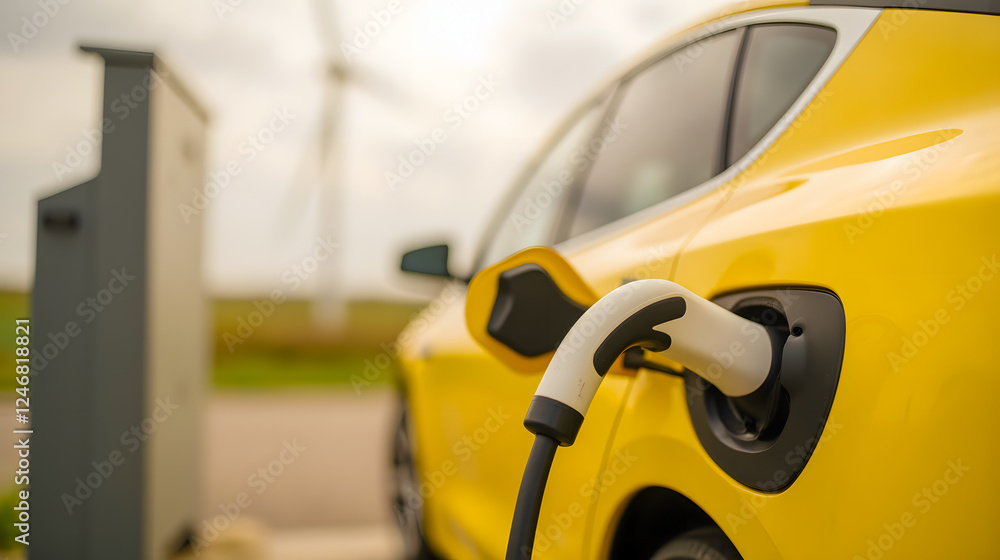 Bright Yellow Electric Vehicle Charging at Station with Wind Turbines in Background Under Overcast Sky Bright Yellow Electric Vehicle Charging at Station with Wind Turbines in Background Under Overcast Sky
