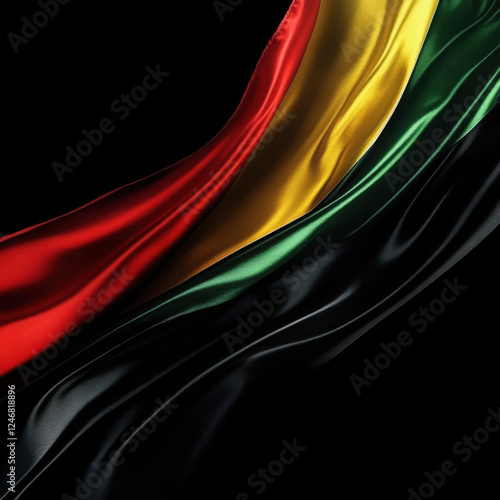 Abstract single Afican silky flag black, red, yellow, green on left side , Black background photo