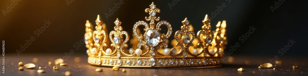 Golden crown adorned with glittering diamonds and pearls, gold, luxury Golden crown adorned with glittering diamonds and pearls, gold, luxury
