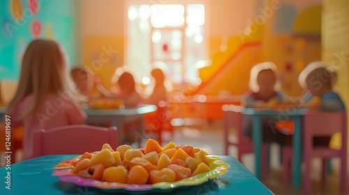 Colorful plate of sliced apricots in foreground, blurry background of children at daycare tables.