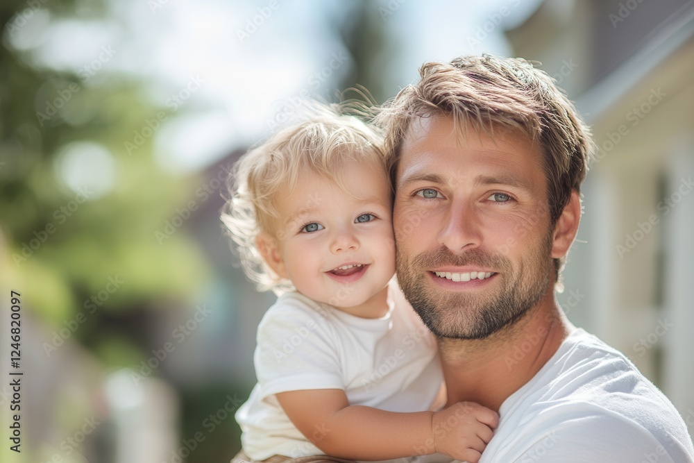 Smiling caucasian father and child outdoors in bright sunlight. Smiling caucasian father and child outdoors in bright sunlight.