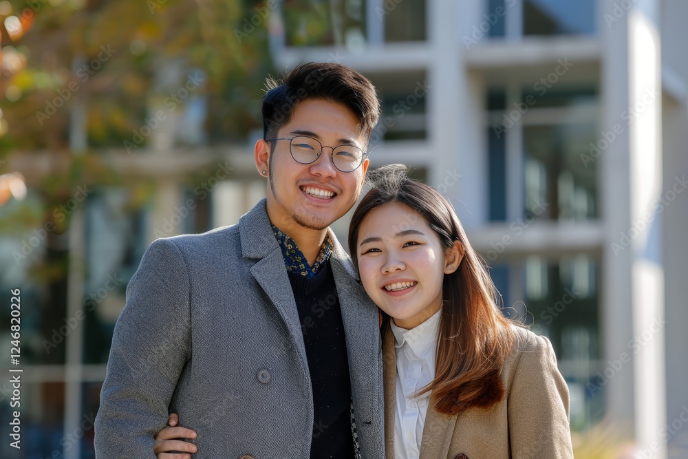 Obraz premium Portrait of a cheerful asian couple in their 20s dressed in a stylish blazer isolated in modern university campus background