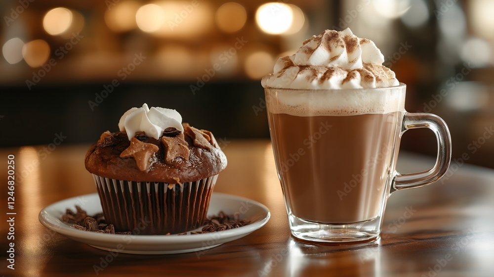 Chocolate Muffin and Mocha Coffee with Whipped Cream on Wooden Table Chocolate Muffin and Mocha Coffee with Whipped Cream on Wooden Table