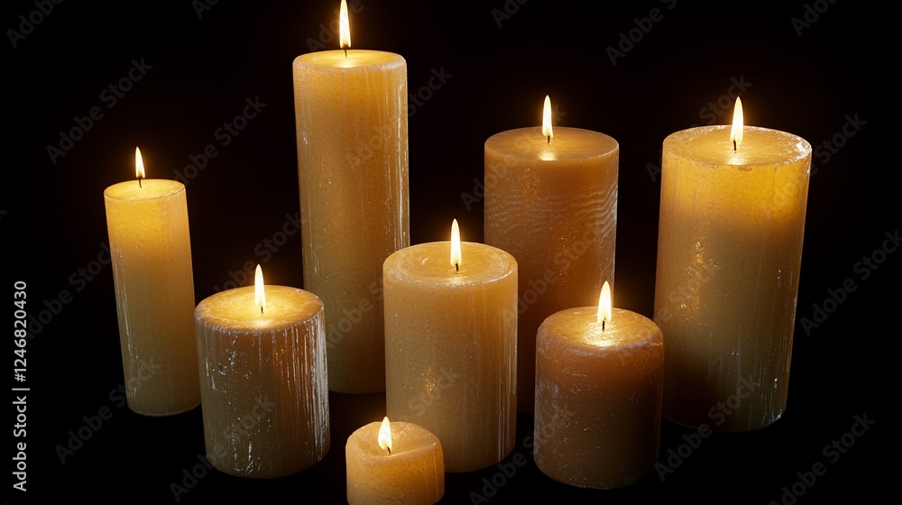 Lit beige candles of various sizes on black background. Lit beige candles of various sizes on black background.