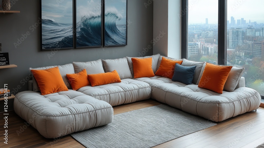 Fototapeta premium Modern sectional sofa, city view, apartment