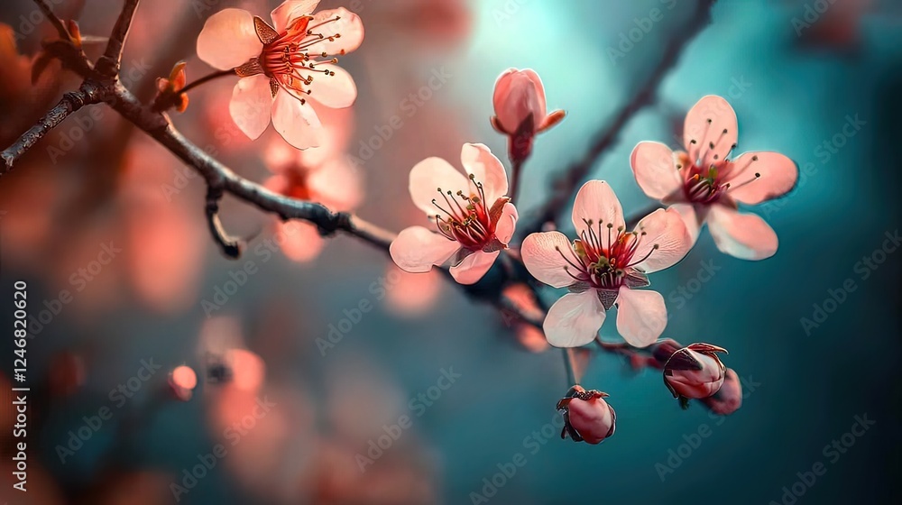 Delicate pink cherry blossoms in bloom on a branch, bathed in soft sunlight. Delicate pink cherry blossoms in bloom on a branch, bathed in soft sunlight.