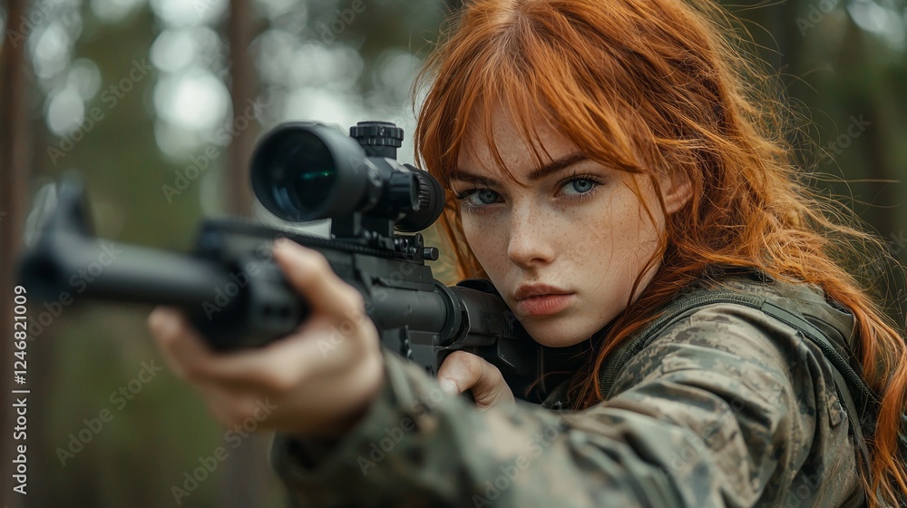 A skilled young redhead woman participates in tactical gun training at an outdoor shooting range surrounded by trees, showcasing focus and determination while aiming her rifle A skilled young redhead woman participates in tactical gun training at an outdoor shooting range surrounded by trees, showcasing focus and determination while aiming her rifle