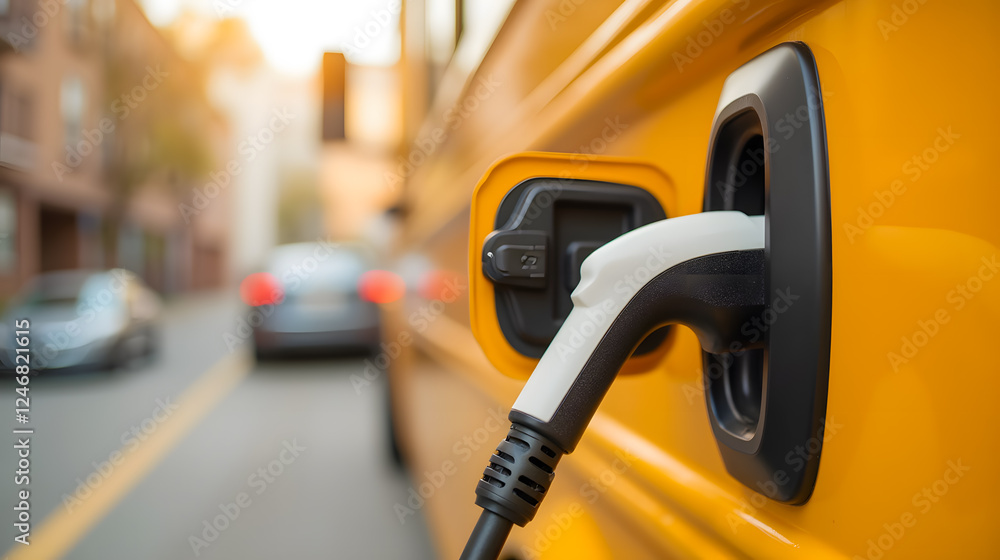 Electric charging plug connected to yellow bus in urban city, showcasing sustainable transportation and eco-friendly technology in action Electric charging plug connected to yellow bus in urban city, showcasing sustainable transportation and eco-friendly technology in action