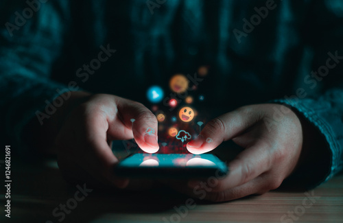 Close-up of hands using a smartphone in a dark setting, with floating social media icons representing engagement, communication, and digital interaction.