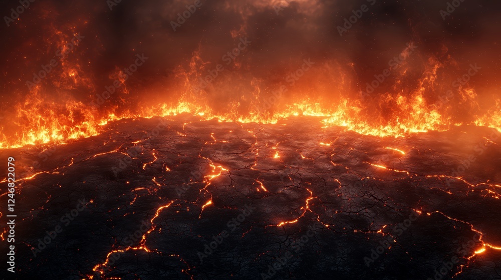 Fototapeta premium Fiery Lava Crust with Erupting Flames and Dark Smoky Sky