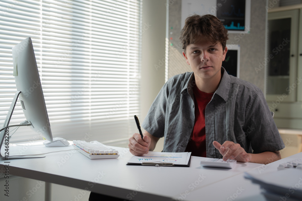 Fototapeta premium Young professional sitting at a desk in a modern office, analyzing data on a tablet. Bright natural light streams through blinds, creating a focused and productive atmosphere