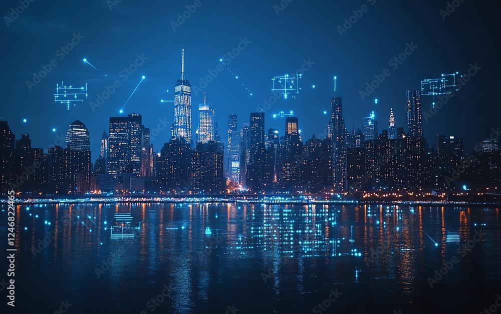 Fototapeta premium Cloud storage and digital network icons illuminated above Manhattan skyline, symbolizing online data flow and connectivity, advanced technology, smart city concept