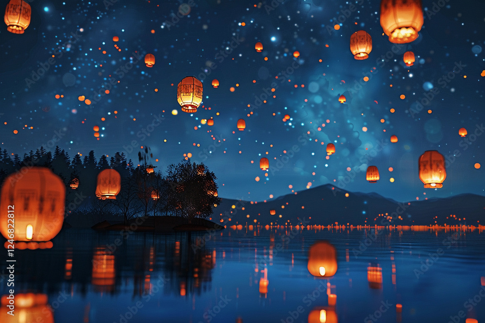 Beautiful holiday composition for happy celebrate chinese festival of lanterns, abstract vivid composition consists of fictional unreal fantastic vision on background