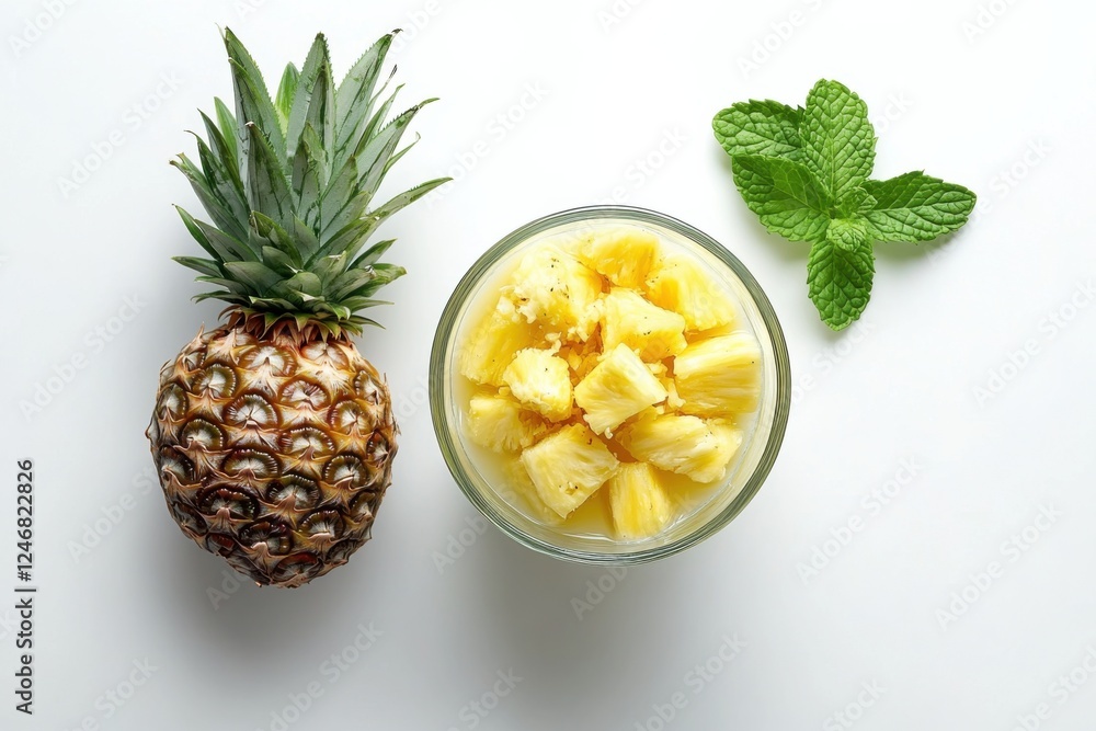 Glass of virgin pineapple mint julep with crushed pineapple and fresh mint, minimalist style, pastel colors, refreshing summer drink concept Glass of virgin pineapple mint julep with crushed pineapple and fresh mint, minimalist style, pastel colors, refreshing summer drink concept
