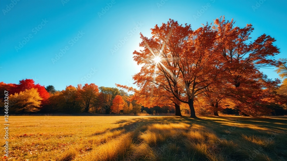 Naklejka premium Autumnal Sunlight Illuminates Vibrant Fall Foliage in a Serene Meadow