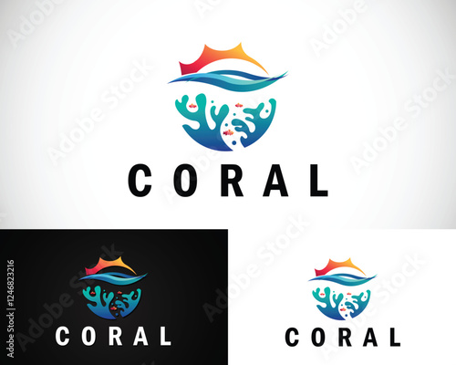 coral reef logo creative wave design concept sun ocean fish