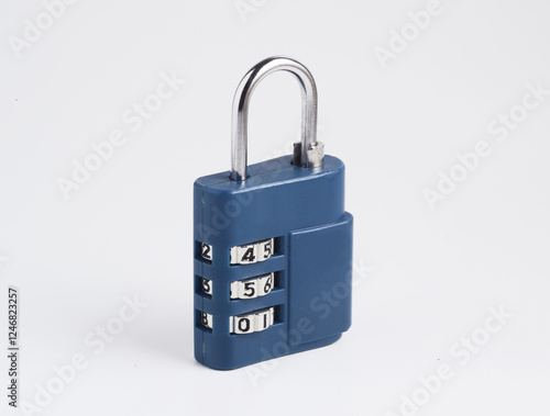 3 digit combination padlock. Travel luggage lock. Blue closed suitcase lock. Travel accessory.
