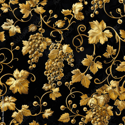 Luxurious golden grape pattern with intricate gold foil design on black background, evoking elegance and sophistication